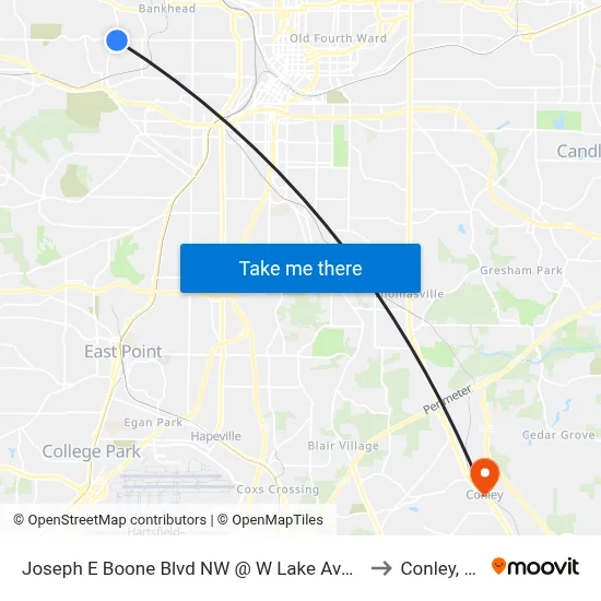Joseph E Boone Blvd NW @ W Lake Ave NW to Conley, GA map