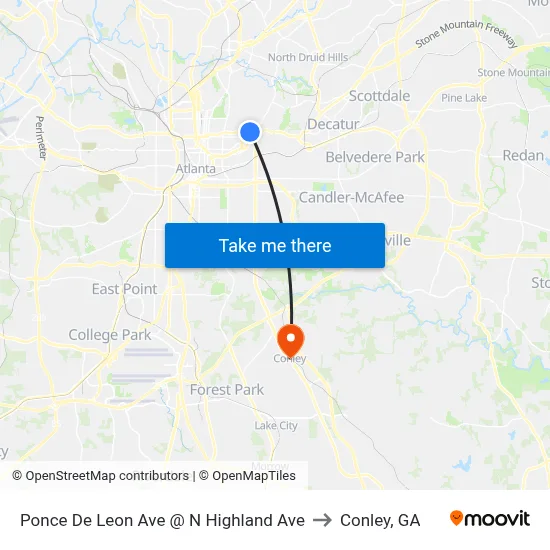Ponce De Leon Ave @ N Highland Ave to Conley, GA map