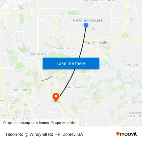 Tilson Rd @ Windyhill Rd to Conley, GA map