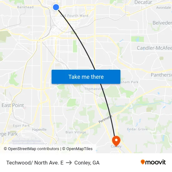 Techwood/ North Ave. E to Conley, GA map