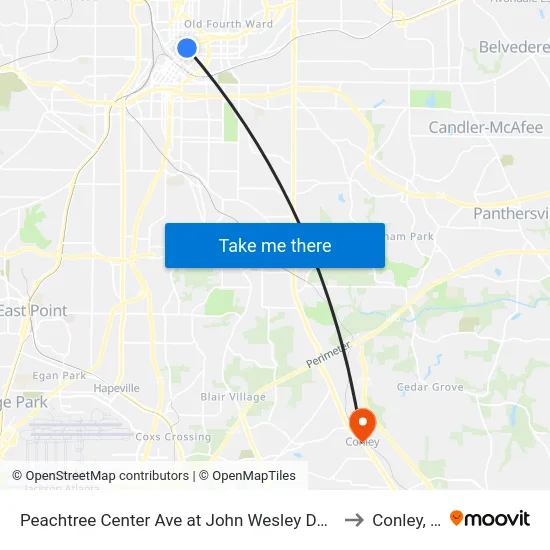 Peachtree Center Ave at John Wesley Dobbs Ave to Conley, GA map