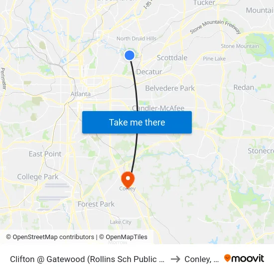 Clifton @ Gatewood (Rollins Sch Public Health) to Conley, GA map