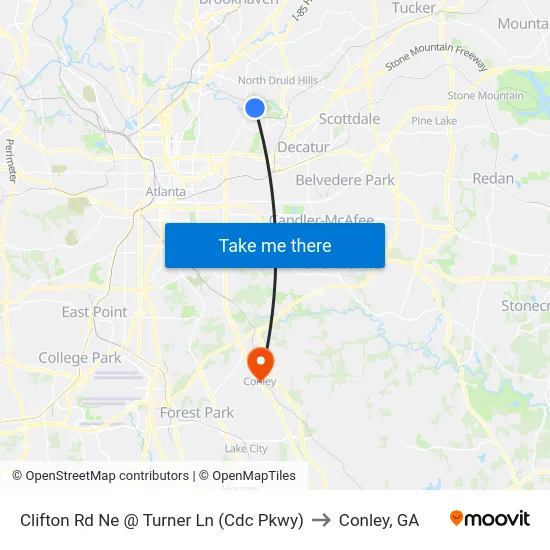 Clifton Rd Ne @ Turner Ln (Cdc Pkwy) to Conley, GA map