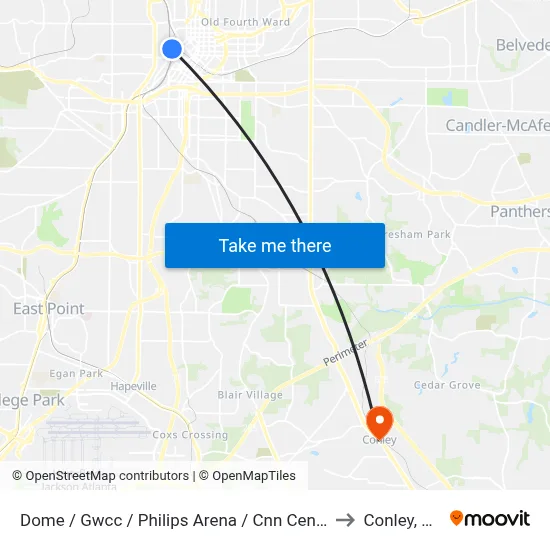 Dome / Gwcc / Philips Arena / Cnn Center to Conley, GA map