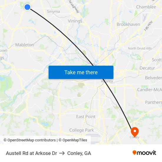 Austell Rd at Arkose Dr to Conley, GA map