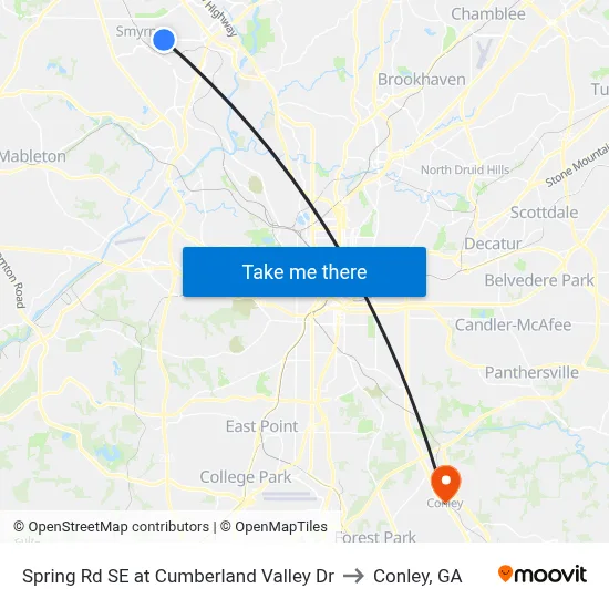 Spring Rd SE at Cumberland Valley Dr to Conley, GA map