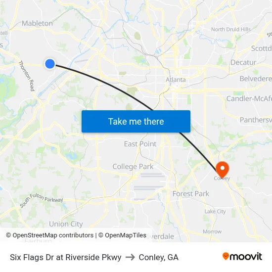 Six Flags Dr at Riverside Pkwy to Conley, GA map