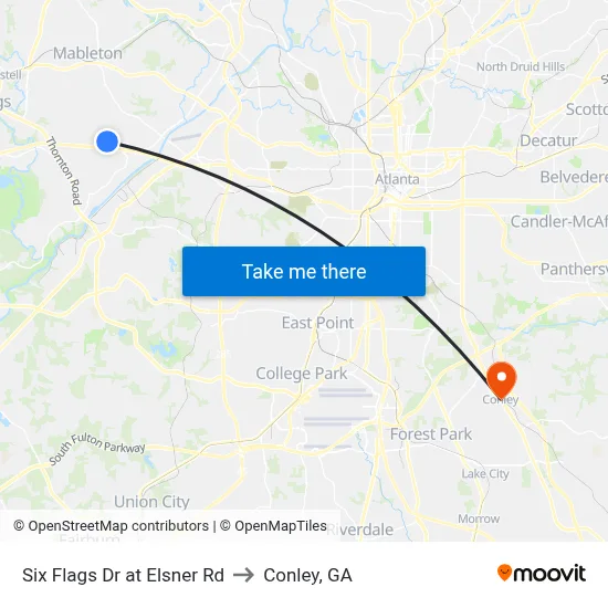 Six Flags Dr at Elsner Rd to Conley, GA map
