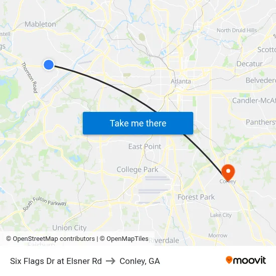 Six Flags Dr at Elsner Rd to Conley, GA map