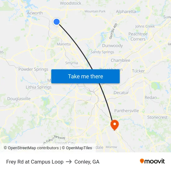 Frey Rd at Campus Loop to Conley, GA map
