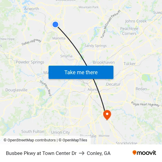 Busbee Pkwy at Town Center Dr to Conley, GA map