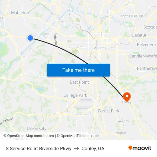 S Service Rd at Riverside Pkwy to Conley, GA map
