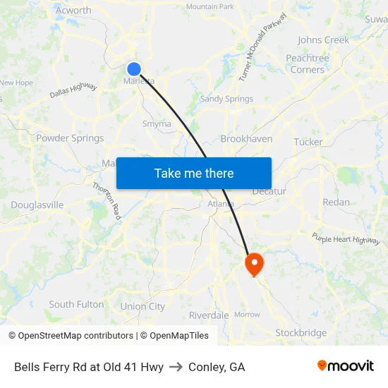 Bells Ferry Rd at Old 41 Hwy to Conley, GA map