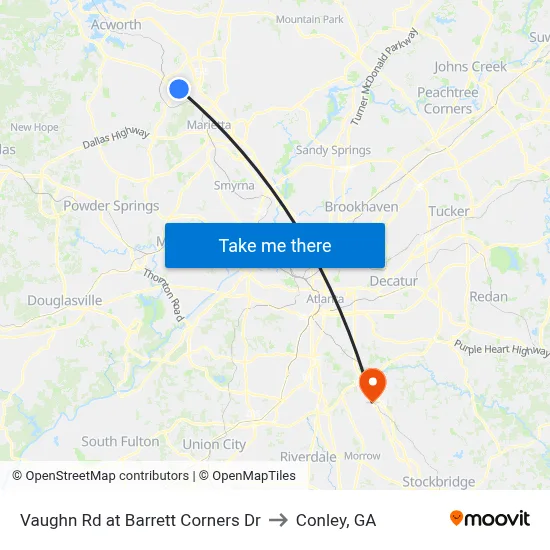 Vaughn Rd at Barrett Corners Dr to Conley, GA map