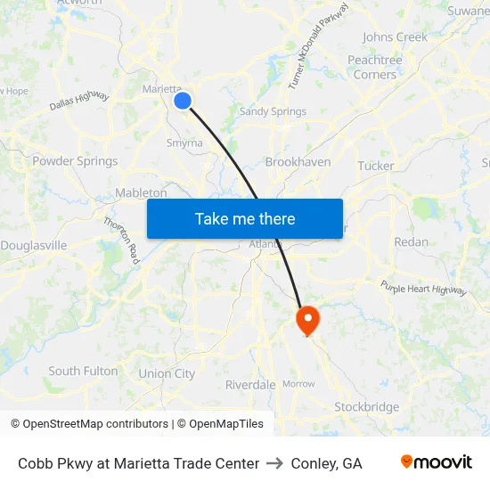 Cobb Pkwy at Marietta Trade Center to Conley, GA map