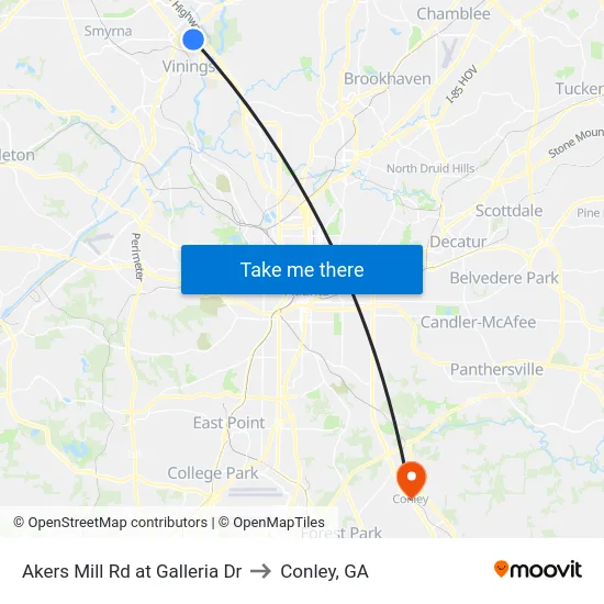 Akers Mill Rd at Galleria Dr to Conley, GA map