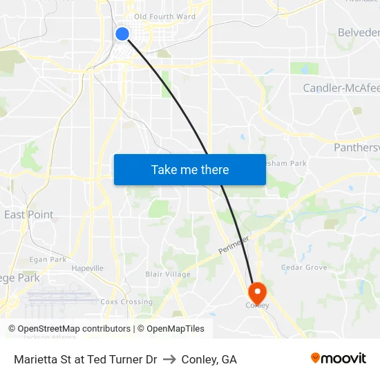 Marietta St at Ted Turner Dr to Conley, GA map
