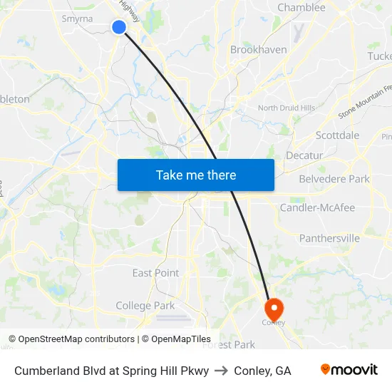 Cumberland Blvd at Spring Hill Pkwy to Conley, GA map