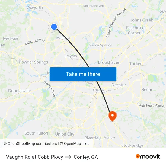 Vaughn Rd at Cobb Pkwy to Conley, GA map