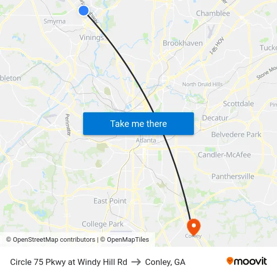 Circle 75 Pkwy at Windy Hill Rd to Conley, GA map