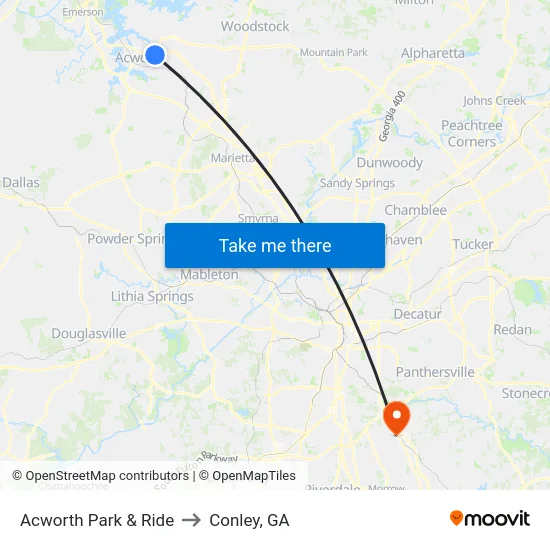 Acworth Park & Ride to Conley, GA map