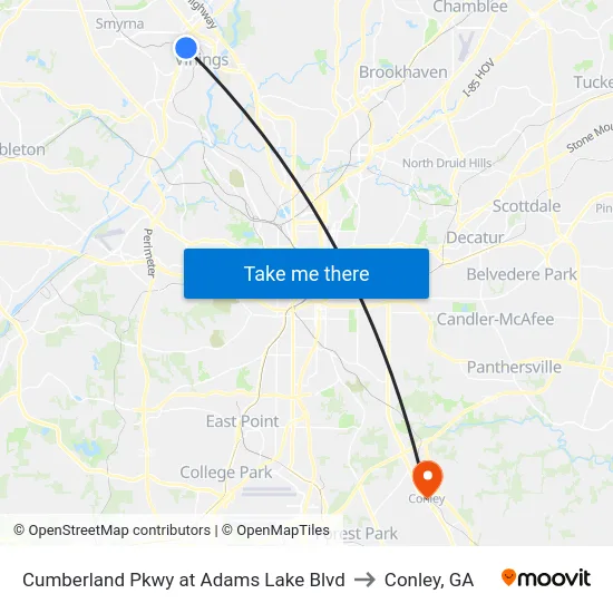 Cumberland Pkwy at Adams Lake Blvd to Conley, GA map