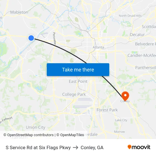 S Service Rd at Six Flags Pkwy to Conley, GA map