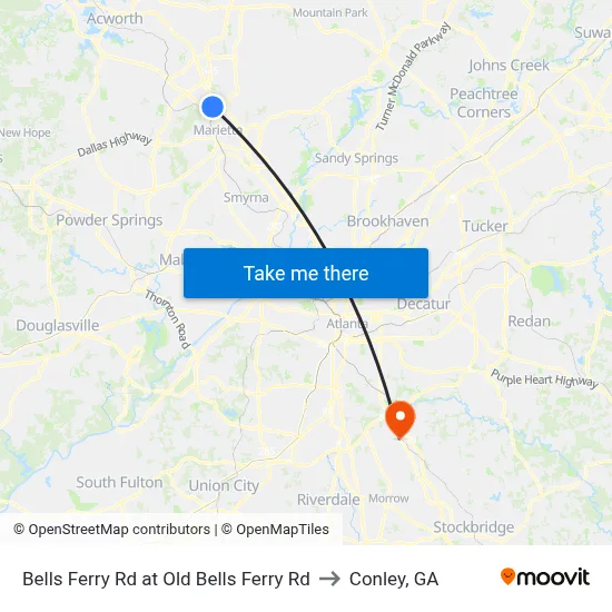Bells Ferry Rd at Old Bells Ferry Rd to Conley, GA map