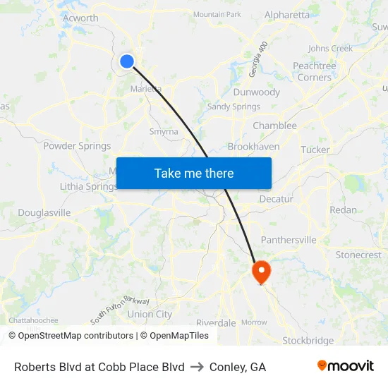 Roberts Blvd at Cobb Place Blvd to Conley, GA map