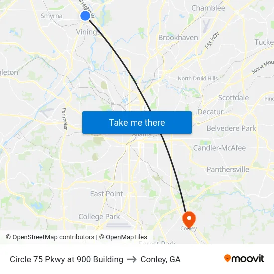 Circle 75 Pkwy at 900 Building to Conley, GA map