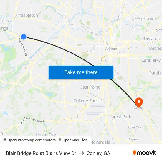 Blair Bridge Rd at Blairs View Dr to Conley, GA map