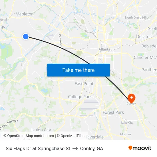 Six Flags Dr at Springchase St to Conley, GA map