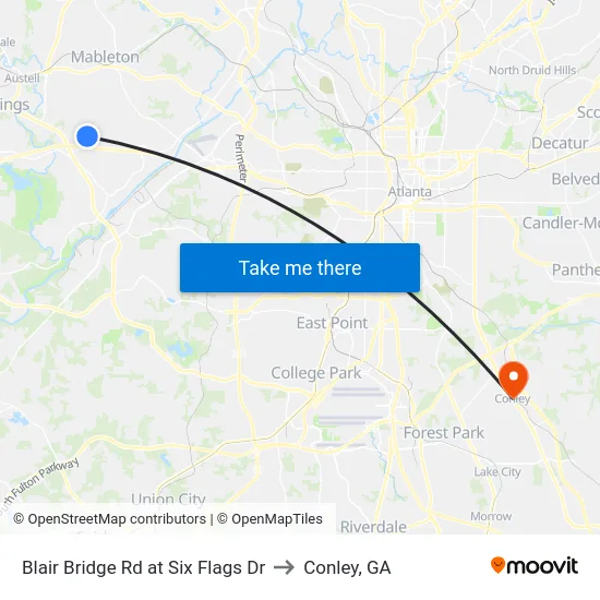 Blair Bridge Rd at Six Flags Dr to Conley, GA map