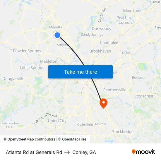 Atlanta Rd at Generals Rd to Conley, GA map