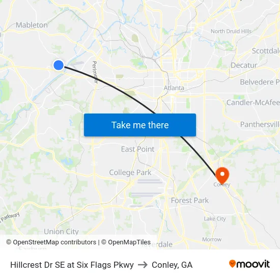 Hillcrest Dr SE at Six Flags Pkwy to Conley, GA map
