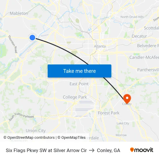 Six Flags Pkwy SW at Silver Arrow Cir to Conley, GA map