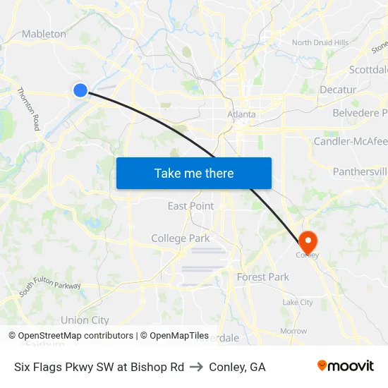 Six Flags Pkwy SW at Bishop Rd to Conley, GA map