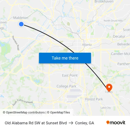 Old Alabama Rd SW at Sunset Blvd to Conley, GA map