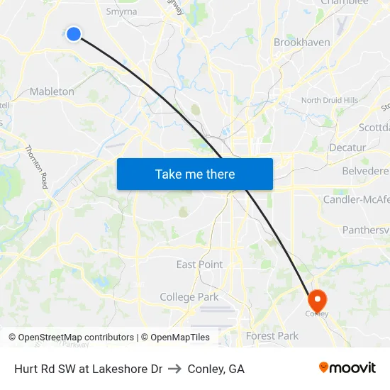 Hurt Rd SW at Lakeshore Dr to Conley, GA map