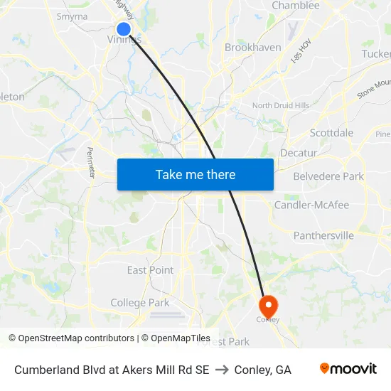 Cumberland Blvd at Akers Mill Rd SE to Conley, GA map
