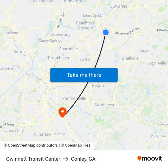 Gwinnett Transit Center to Conley, GA map