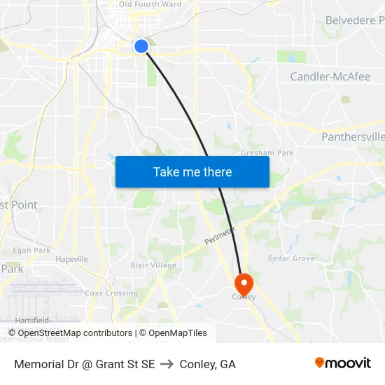 Memorial Dr @ Grant St SE to Conley, GA map