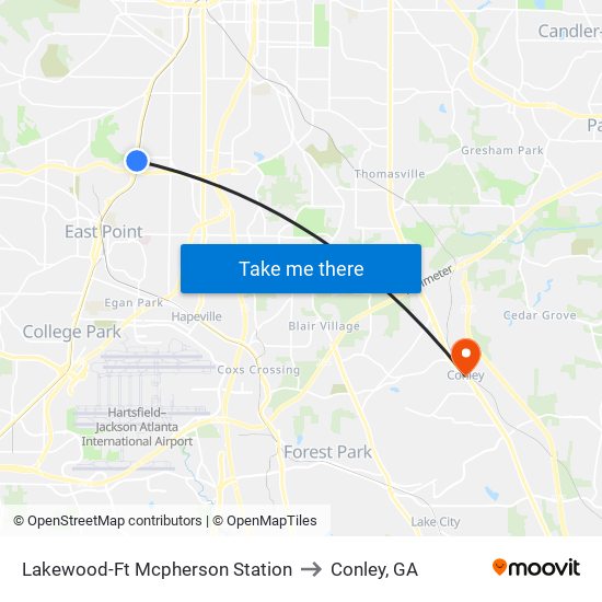 Lakewood-Ft Mcpherson Station to Conley, GA map