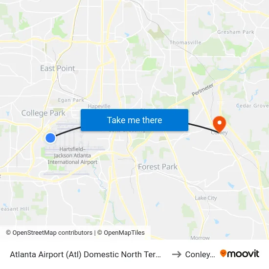 Atlanta Airport (Atl) Domestic North Terminal Dropoffs to Conley, GA map