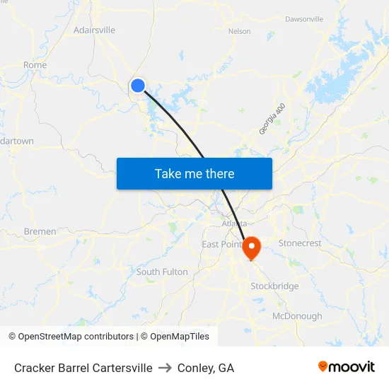 Cracker Barrel Cartersville to Conley, GA map