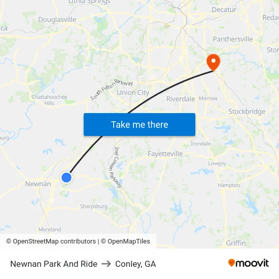 Newnan Park And Ride to Conley, GA map