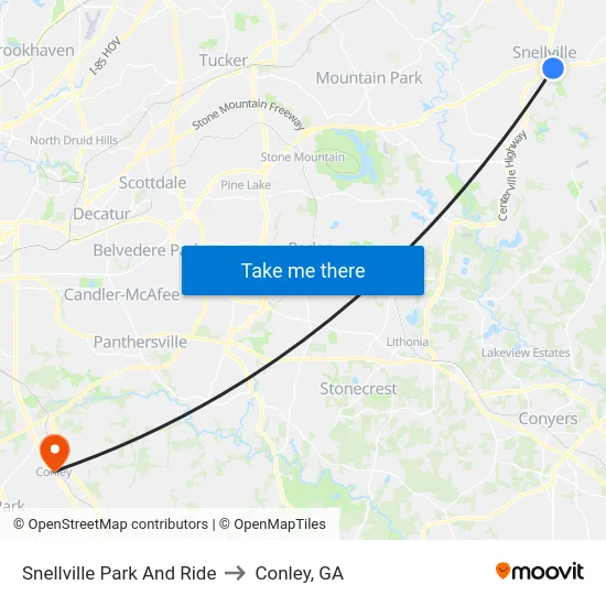 Snellville Park And Ride to Conley, GA map