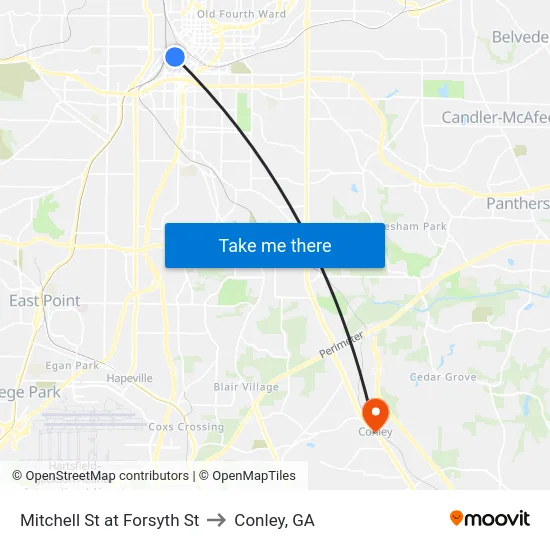 Mitchell St at Forsyth St to Conley, GA map