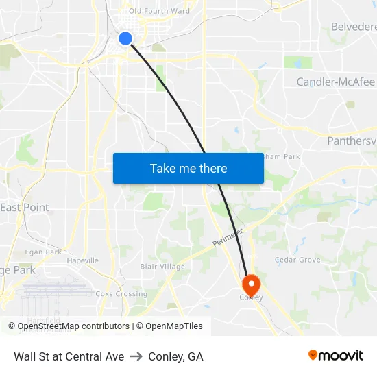 Wall St at Central Ave to Conley, GA map