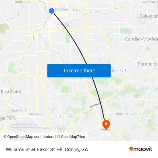 Williams St at Baker St to Conley, GA map